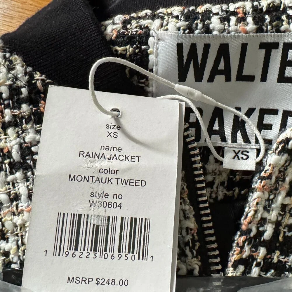 Walter Baker Raina Short Zip Jacket XS Montauk Tweed Black/White NWT MSRP $248